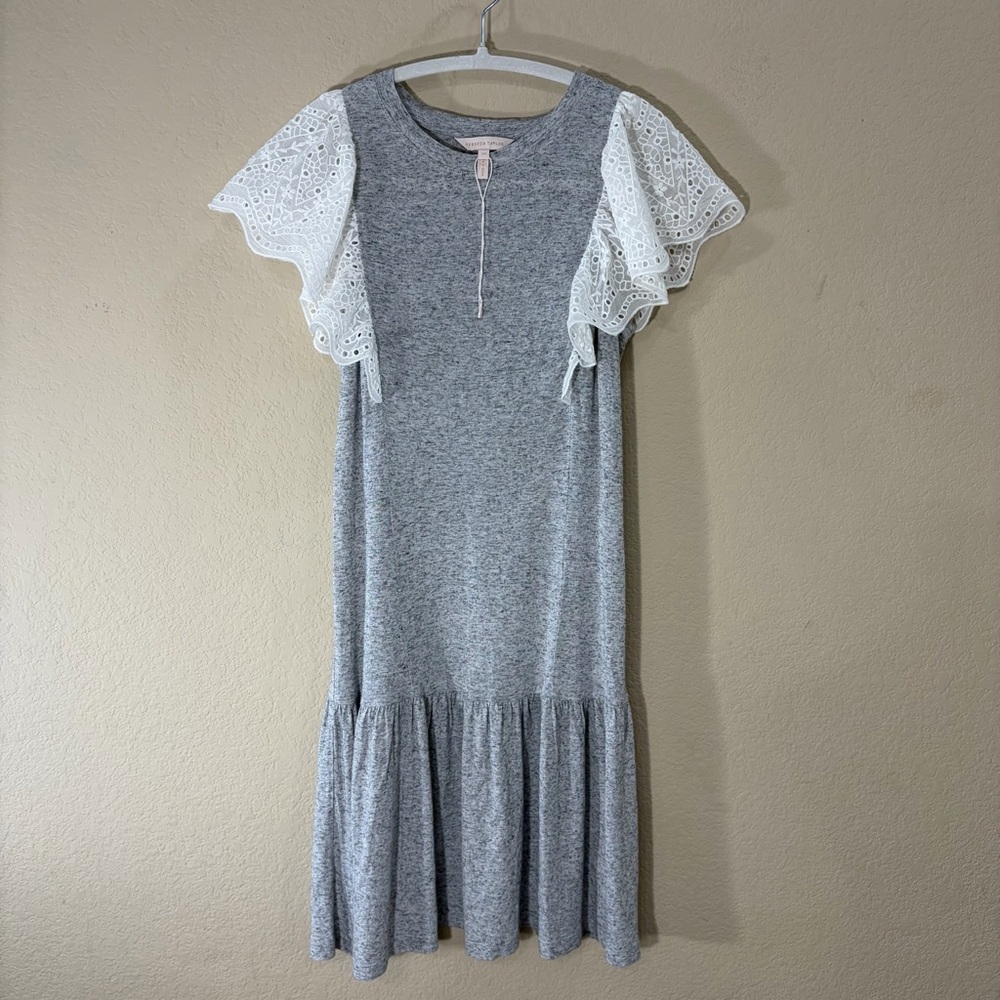 NWT Rebecca Taylor Eyelet Sleeve Jersey Dress Gray White Short Ruffle Hem Sz XS - Picture 3 of 13